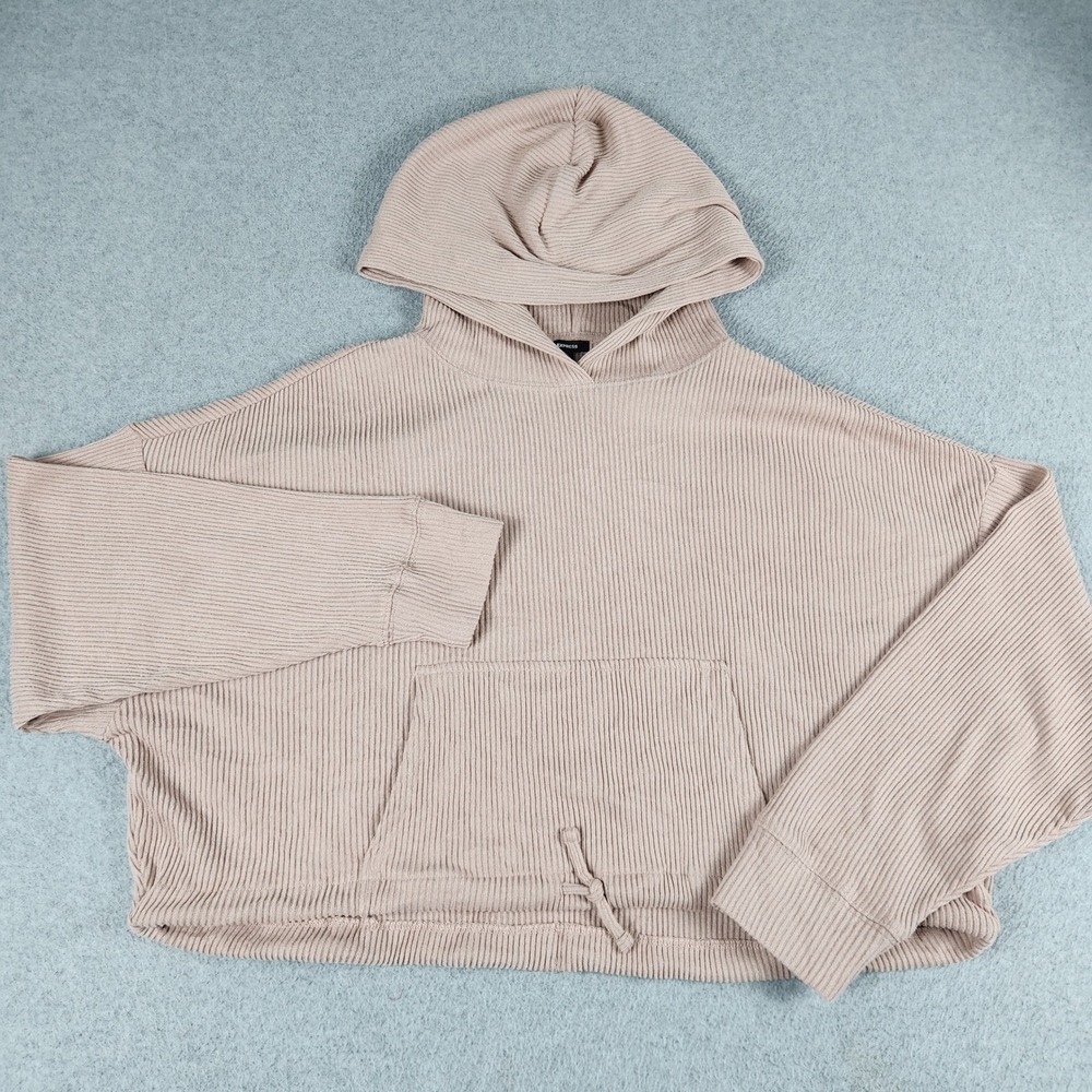 Express Cropped Hoodie Womens Small Beige Ribbed Relaxed Fit Drawstring Hem